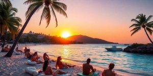Celebrities relaxing on a tropical beach at sunset.