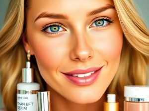 Vedetă cu ten strălucitor și produse de frumusețe.