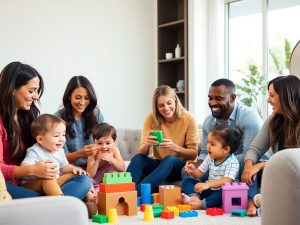 Părinți celebri cu copii, interacționând vesel acasă.