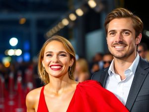 Actriță zâmbind pe covorul roșu, alături de un actor.