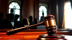 Vedete în sala de judecată, ciocanul judecătorului.