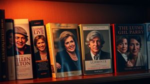 Cărți biografice cu portrete de vedete pe rafturi elegante