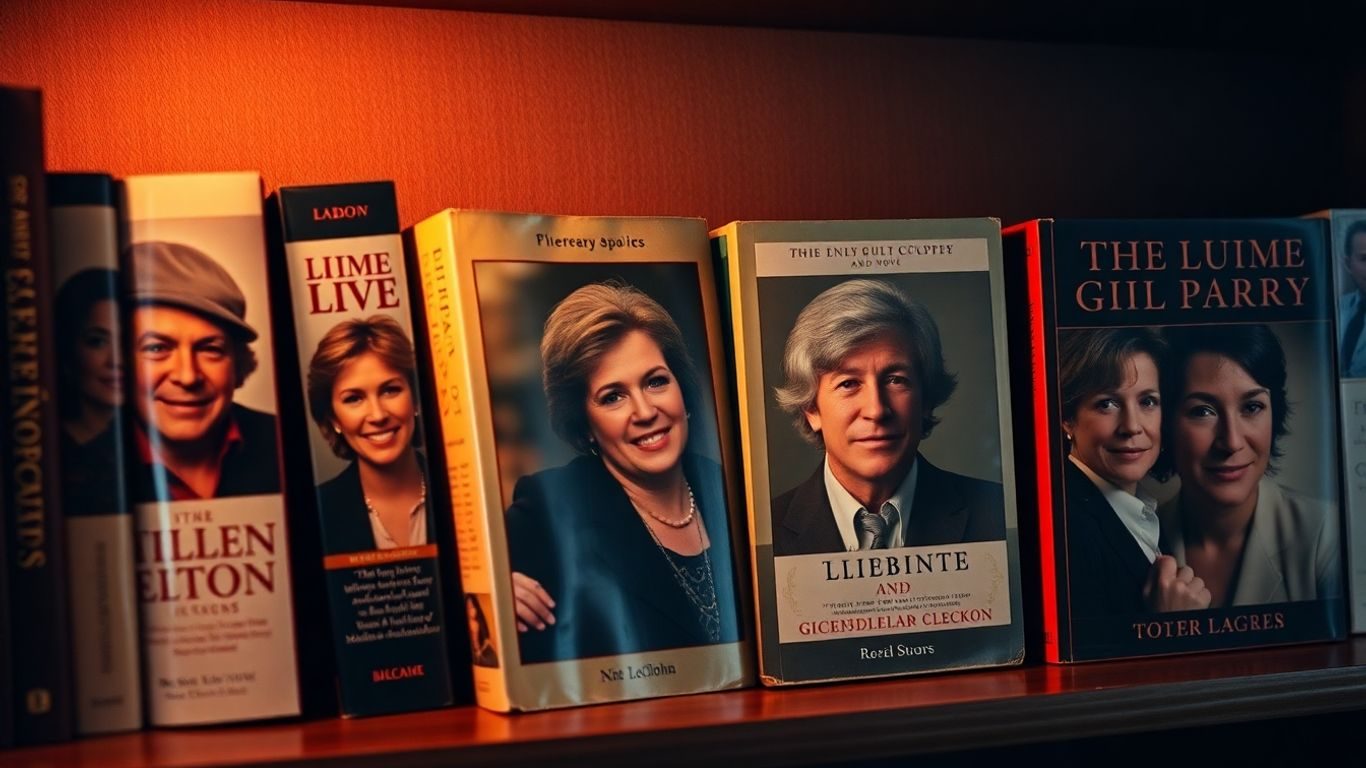 Cărți biografice cu portrete de vedete pe rafturi elegante